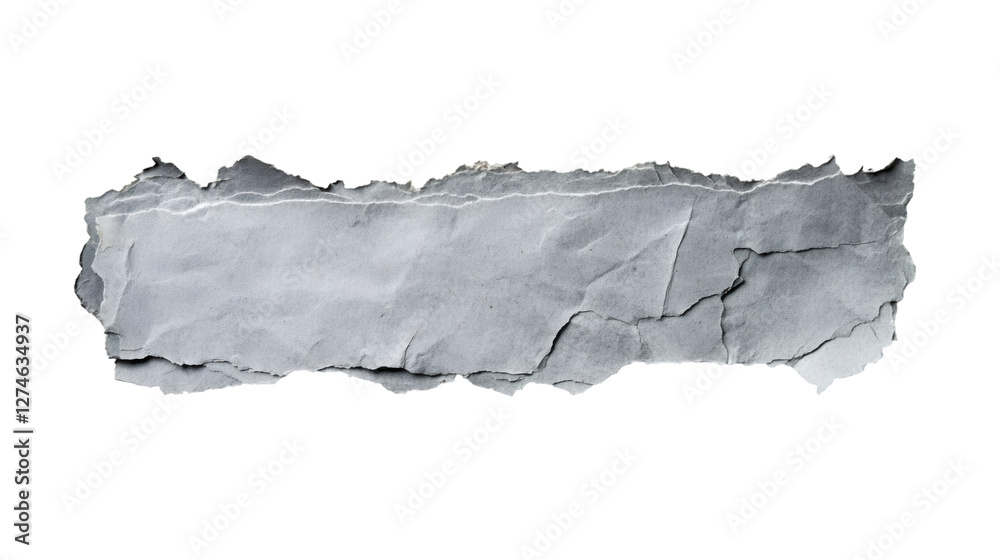 Poster gray ripped piece of paper with torn edges creating a textured, blank banner isolated on transparent