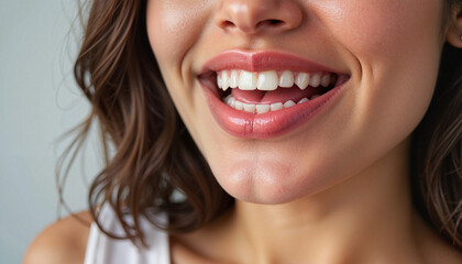 Obraz premium Beautiful smile of young woman showcasing perfect teeth, beauty concept