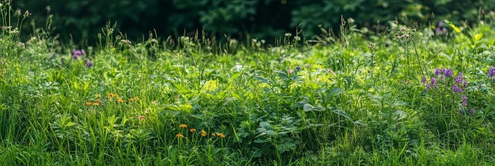 Obraz premium Spring and Summer Natural Background with Fresh Green Grass and Wildflowers in Morning Light, Outdoor Copy Space 