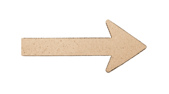 Horizontal cardboard arrow pointing to the right, isolated on transparent background, ideal for indicating direction or movement