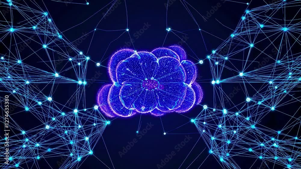 Poster complex network of interconnected nodes and lines forming a cloud computing system, symbolizing data