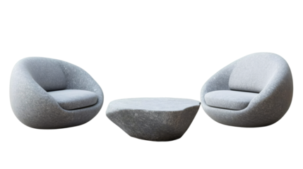 Two modern stone armchairs with soft cushions and a coffee table isolated on a transparent background, perfect for interior design projects
