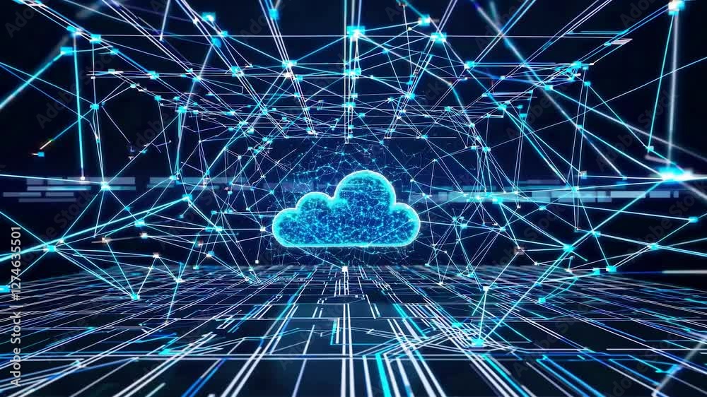 Poster futuristic cloud computing server processing data in a cyberspace network, representing global conne