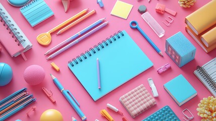 Colorful stationery flat lay; vibrant supplies on pink background; back to school; educational tools; office organization