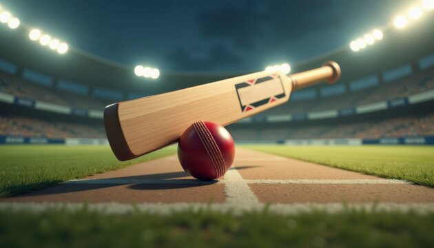 Close-up cricket bat mid-swing hitting red ball, bat’s wooden texture, stadium lights in the background. International cricket tournaments