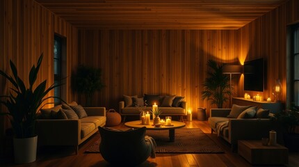 Cozy Candlelit Living Room with Wooden Walls and Soft Seating