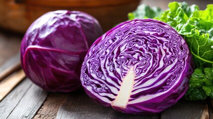 Fototapeta premium Fresh purple cabbage and leafy greens on wooden surface