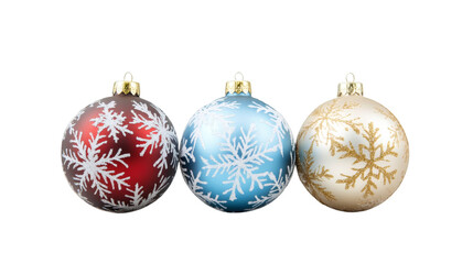 Christmas balls with snowflake designs hanging on a transparent background, perfect for holiday projects