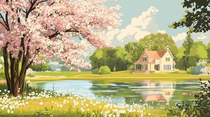 Spring House by the Pond, Peaceful Scene, Illustration