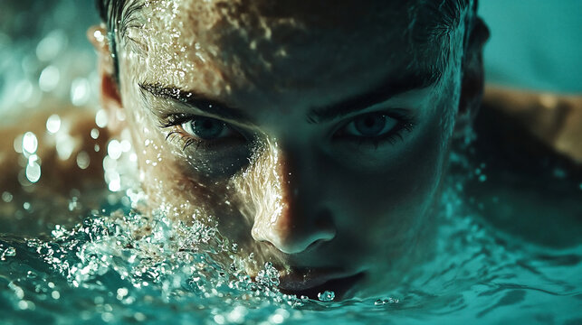 Intense gaze of a woman emerging from water - captivating portrait for beauty and strength concepts