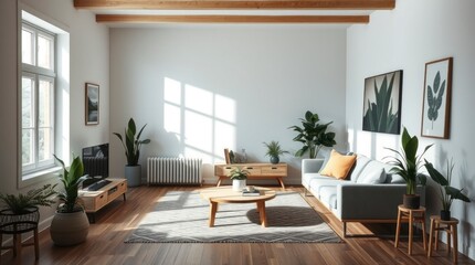 Modern Living Room Design with Light Wood Furniture and Greenery