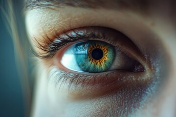 Close-up of human eye showing detailed structure and vivid yellow iris color.