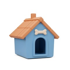 A colorful 3D dog house with a blue structure, purple roof, and bone detail stands on a flat surface. The green background hints at grass, enhancing its fun, cartoonish, and lively appeal