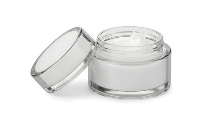 A minimalist glass jar with a white cream inside is displayed on a neutral backdrop. This skincare mockup showcases a hydrating facial mask, perfect for cosmetic product presentations