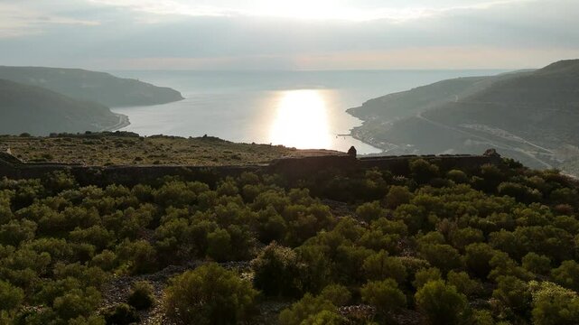 Aerial view of the castle of Kelefa and sea bay of Oitylo in the background, Mani, Laconia, Greece.