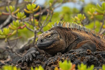 Fototapeta premium Relaxing sea lion resting on a sandy beach near rocks and vegetation in the Galapagos Islands under warm sunlight