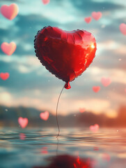 Romantic heart balloon rising over reflective water