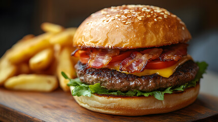 Delicious Grilled Cheeseburger with Lettuce Tomato and Bacon Sandwich Isolated for Fast Food Lunch or Dinner