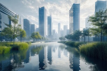Fototapeta premium City skyline reflects in calm water surrounded by greenery near modern skyscrapers