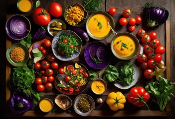 vibrant colorful food layout showcasing diverse dietary options fresh ingredients healthy lifestyle, bowl, breakfast, collection, cooking, cuisine