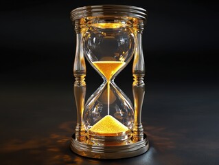 A golden hourglass with a single grain of sand representing the concept of time running out.