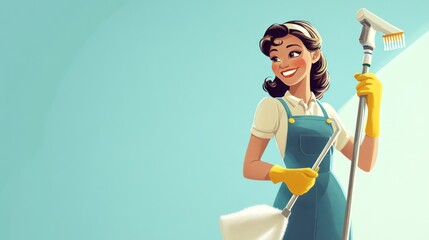 Woman cleaning with a mop, pastel colors, home scene, illustration, for stock, possible use