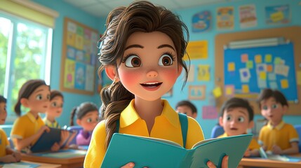 Fototapeta premium Girl reading aloud in classroom, education, learning, children