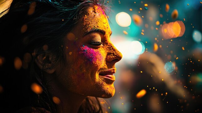 Vibrant Holi festival in India, with a woman covered in colored dust powder and surrounded by a crowd of people celebrating the traditional event.