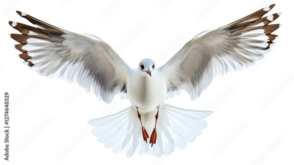 Poster white seagull flying with extended wings, transparent backdrop highlighting feather details and clea