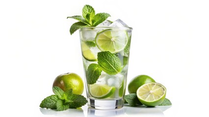 Mojito Cocktail with Lime and Mint on White Background
