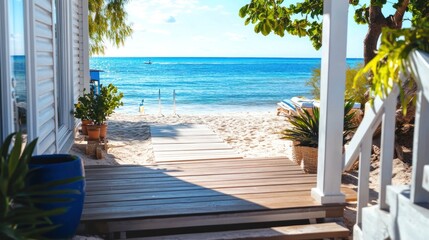 Wooden deck leads from a beachfront villa directly onto soft white sand, revealing a stunning view of the turquoise ocean under bright sunlight