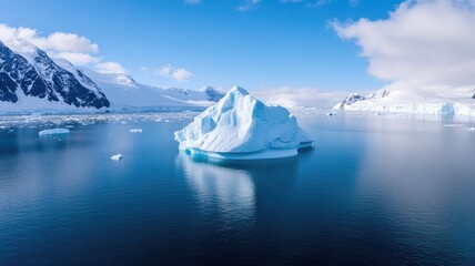 Majestic iceberg floating in calm, clear, blue Arctic waters with snowy mountains background