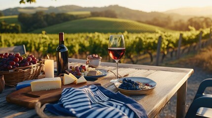 Candlelit dinner set on a rustic table in a vineyard showcases fine wine, cheese, and fresh fruit against rolling hills at sunset