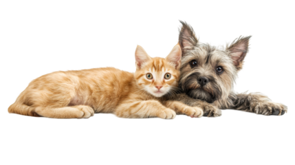 Cairn terrier puppy snuggling with red kitten, showcasing playful animal friendship on clean backdrop