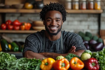 Fototapeta premium Smiling chef displays fresh vegetables in a bustling market setting during the day