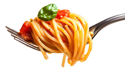 fork with spaghetti sauce and basil on white background