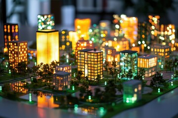 A miniature model of a smart city with illuminated buildings, showcasing futuristic urban planning and digital infrastructure.