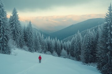 A person hiking through a forest trail during winter, snow covering trees, serene atmosphere.