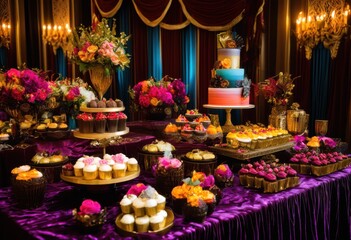 Fototapeta premium vibrant decadent dessert table colorful exquisite visual displays eye catching culinary experience, cake, cakes, desserts, pastry, pastries, cupcake