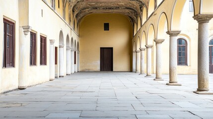 Obraz premium A wide shot shows a serene Renaissance palace courtyard with intricate frescoes and symmetrical arches, bathed in soft, natural light