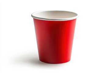 A vibrant red disposable cup resting on a white surface illuminated by soft ambient light isolated on transparent background