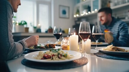 Couple enjoys a gourmet meal with wine in a softly lit fine dining restaurant, creating an intimate and romantic atmosphere