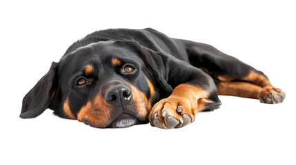 Obraz premium Rottweiler resting peacefully, displaying muscular build and gentle expression on clean white backdrop