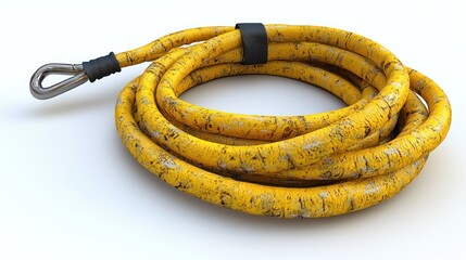 Coiled yellow weathered rope with hook, isolated.  Industrial safety equipment