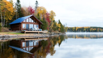 Obraz premium A log cabin sits peacefully by a serene lake, with autumn leaves and mist creating a tranquil atmosphere in cool natural light
