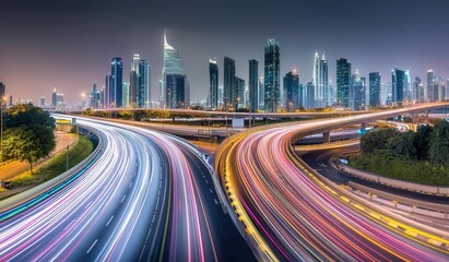 Fototapeta premium Dubai city skyline at night with highway traffic light streaks under starry sky. Urban planning concept