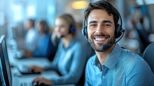 Happy call center agent assisting clients, office background, customer service