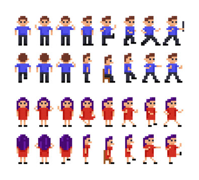 Pixel game character male and women for animation. 8 bit girl and guy character animation.