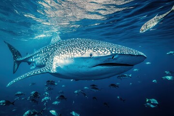Fototapeta premium A large whale shark swims effortlessly in deep blue water, accompanied by various smaller fish