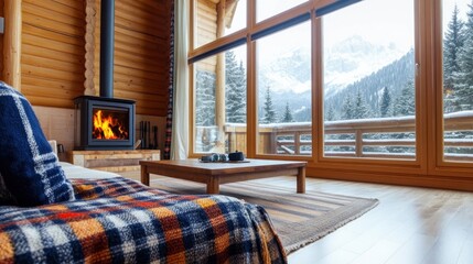 Rustic cabin features a roaring fireplace, cozy blankets, and large windows showcasing a beautiful snowy mountain landscape